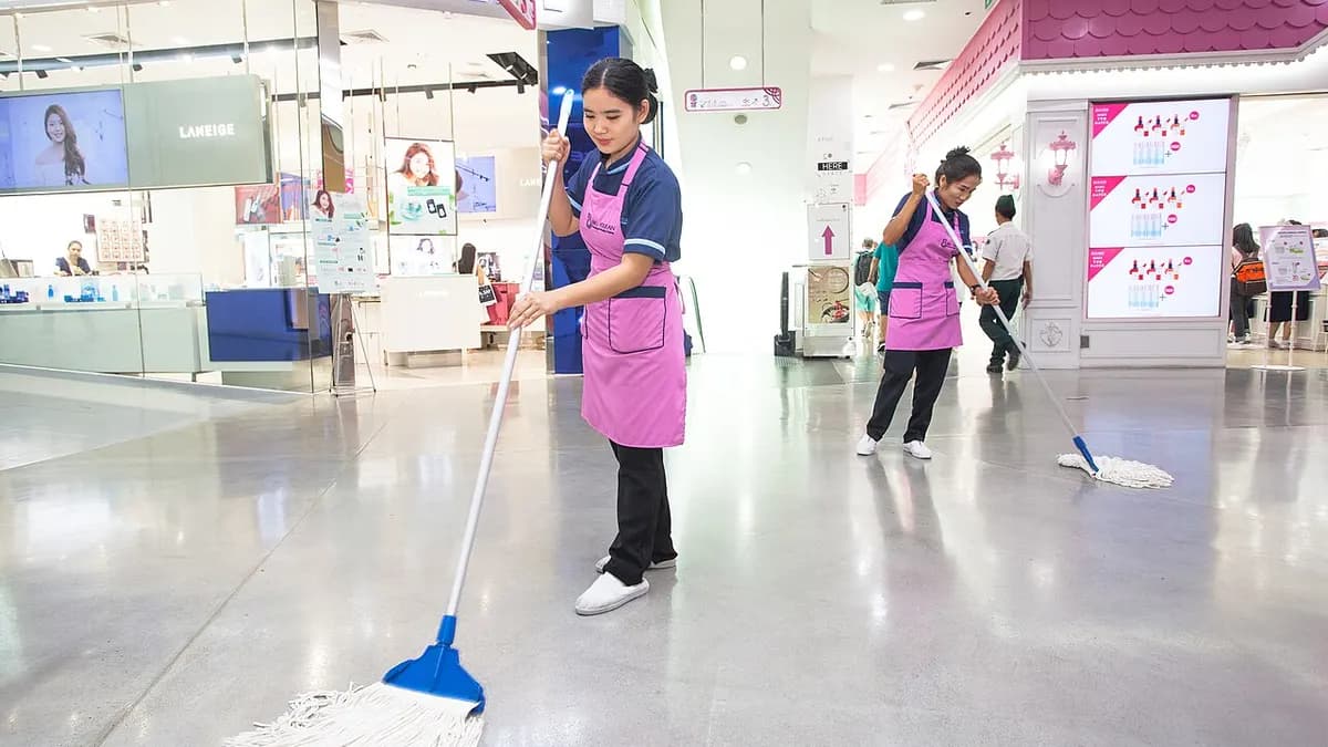 A commercial cleaner mopping an office floor