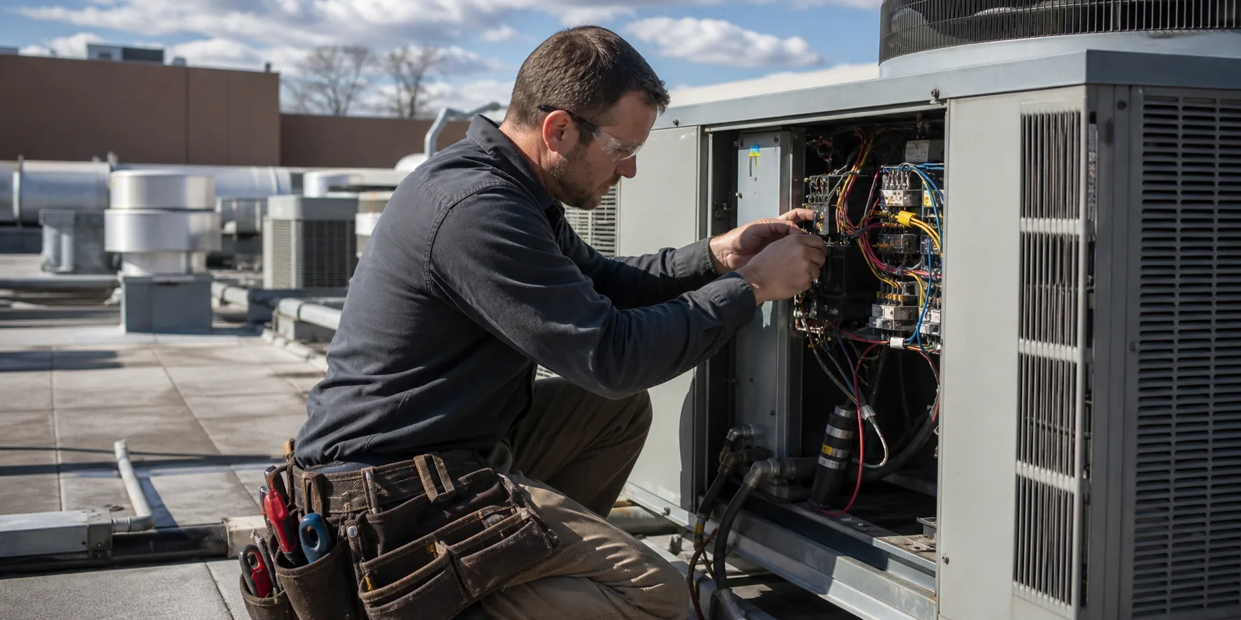 A civilian HVAC technician servicing commercial equipment on a rooftop