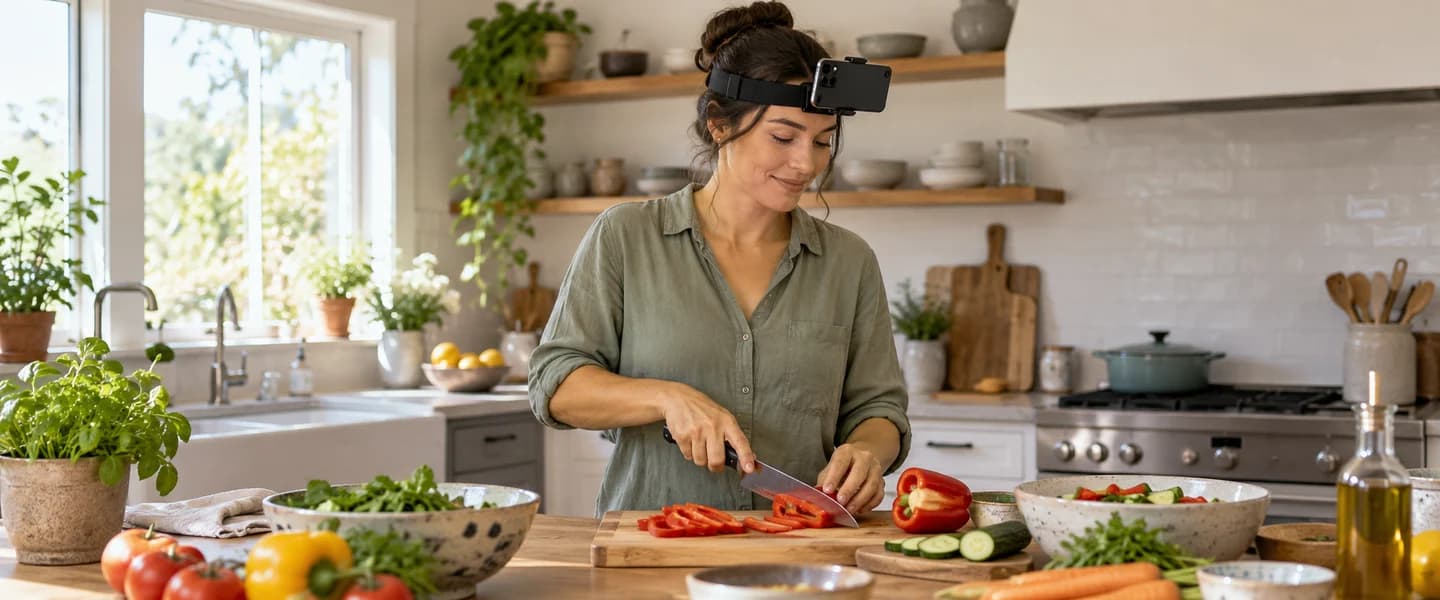 A home recorder preparing vegetables while wearing a recording headset