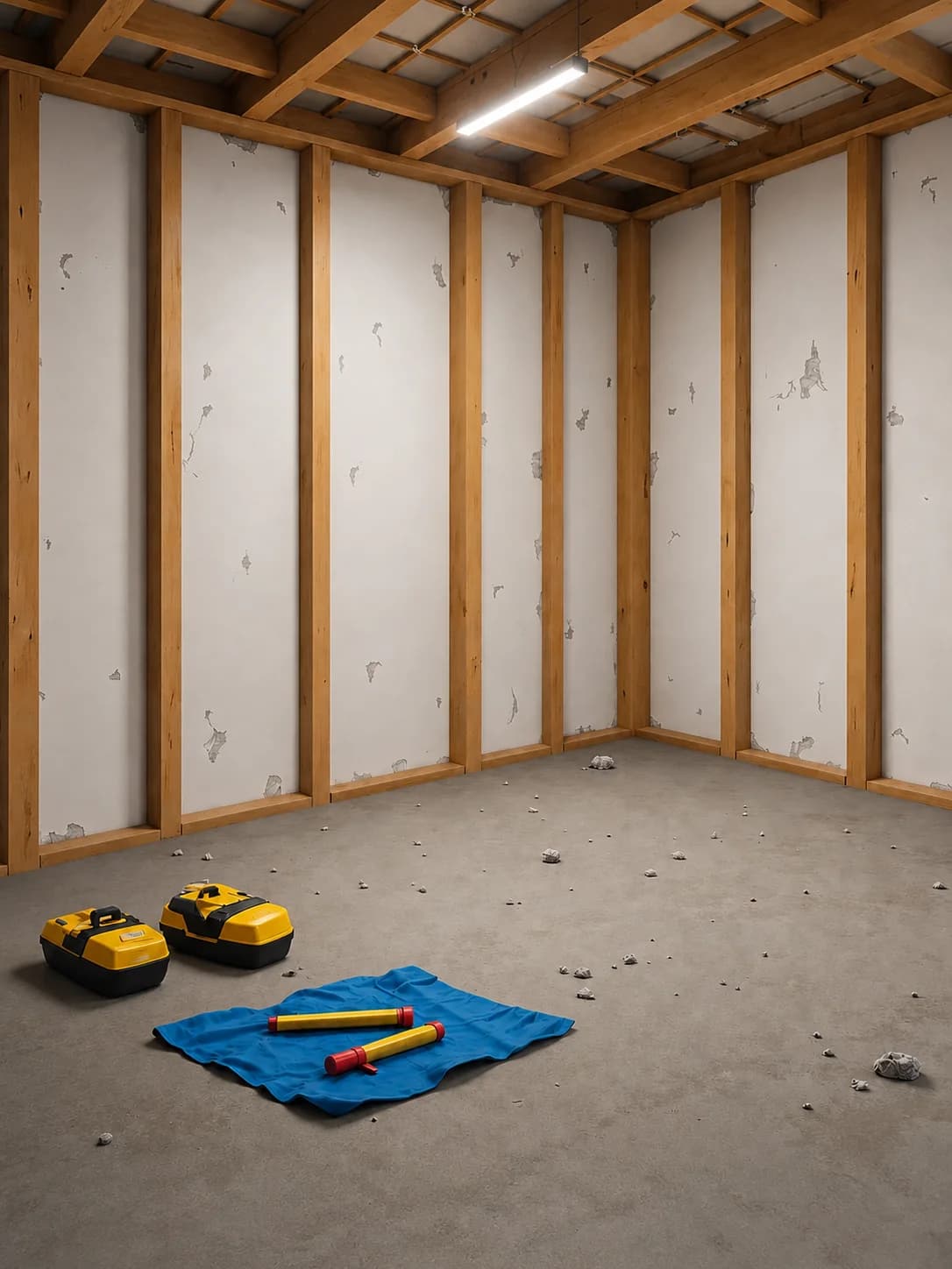 Bright, evenly lit construction workspace with tools clearly visible